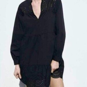 ZARA women Embroidered Mini Black Dress - long sleeve, eyelet lace Large